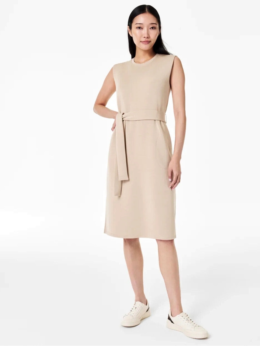 SPANX Beige Sleeveless Midi Dress with Tie Belt